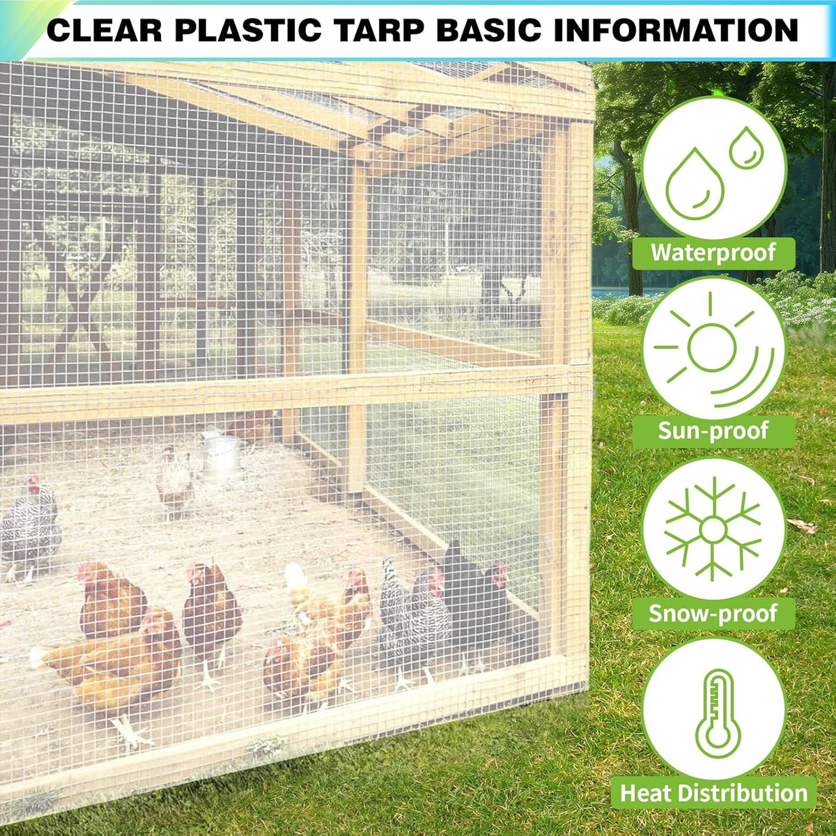 30Ft x40Ft Clear Greenhouse Plastic Covering, 16Mil Thickness Heavy Duty Clear tarp for Chicken coop, Greenhouse Plastic sheeting with Hemmed Edges & preinstalled Grommets.