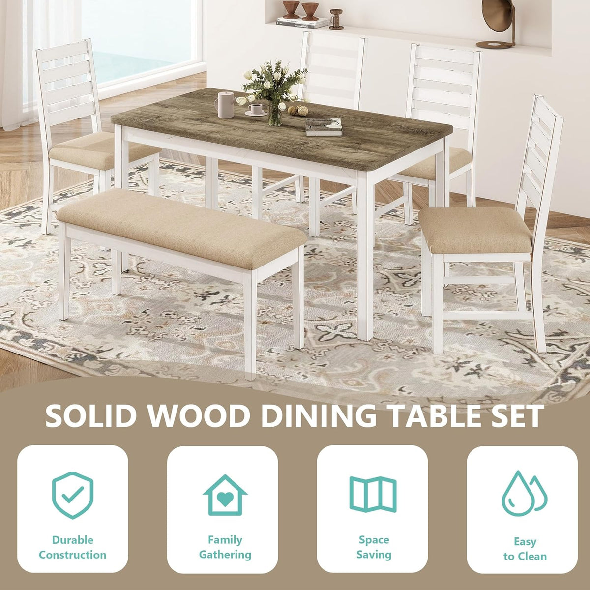 ROCSUMOO Farmhouse Dining Table Set with 4 Chairs and 1 Bench, 59" White Kitchen Table Set, Rectangular Dinner Room Table & Chairs Set Wood (4 Chairs & 1 Bench)