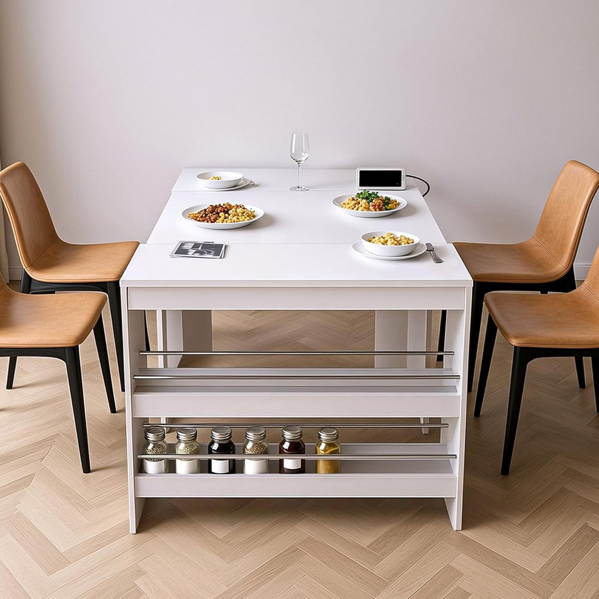 118.2" Modern Extendable Dining Table for 2 to 12 People with Outlet, Space Saving Expanding Table with Storage for Party, Weddings, Meetings, Celebrations (White)