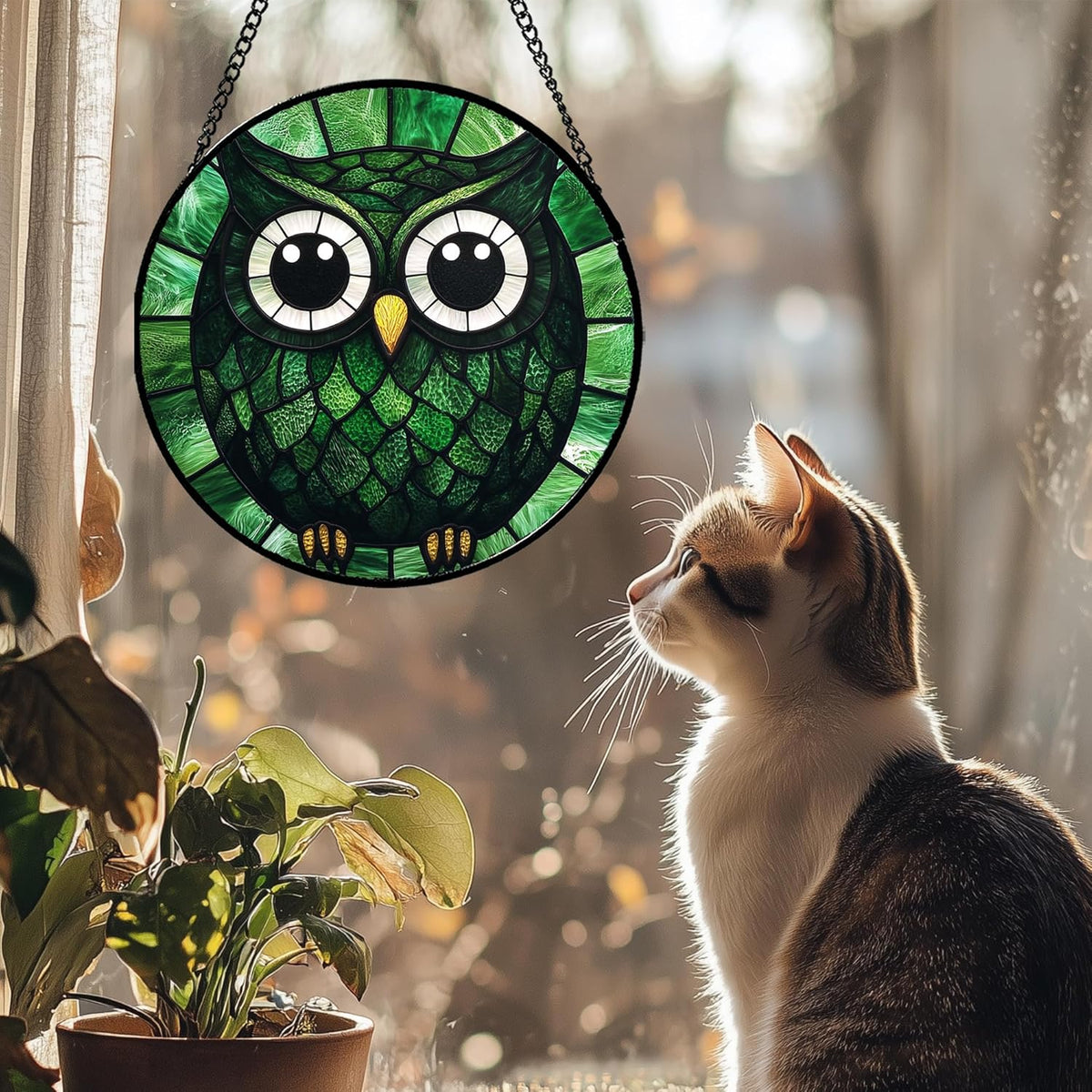 Stained Glass Window Hanging - Green Owl Suncatcher for Doors Garden Patio Funny Bird Sun Catchers Decor Christmas Mother's Day Birthday Teenager Gifts for Women Men Mom Nana Friend 7.8 in