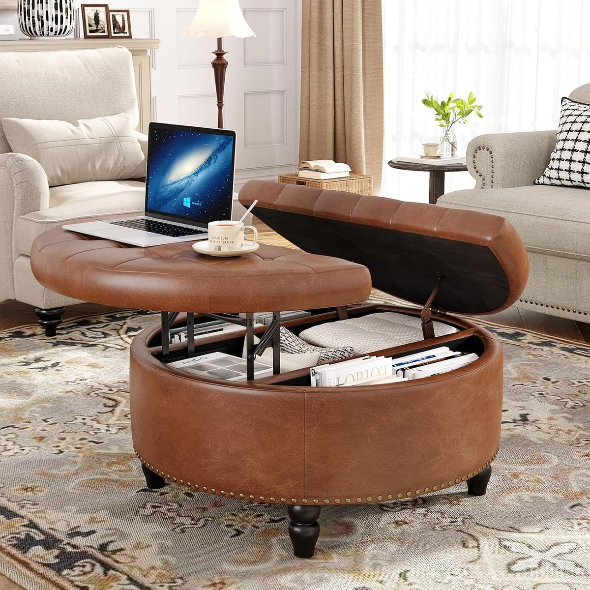 FiveWillowise 31.5 Inch Large Round Ottoman with Storage Circular,Brown