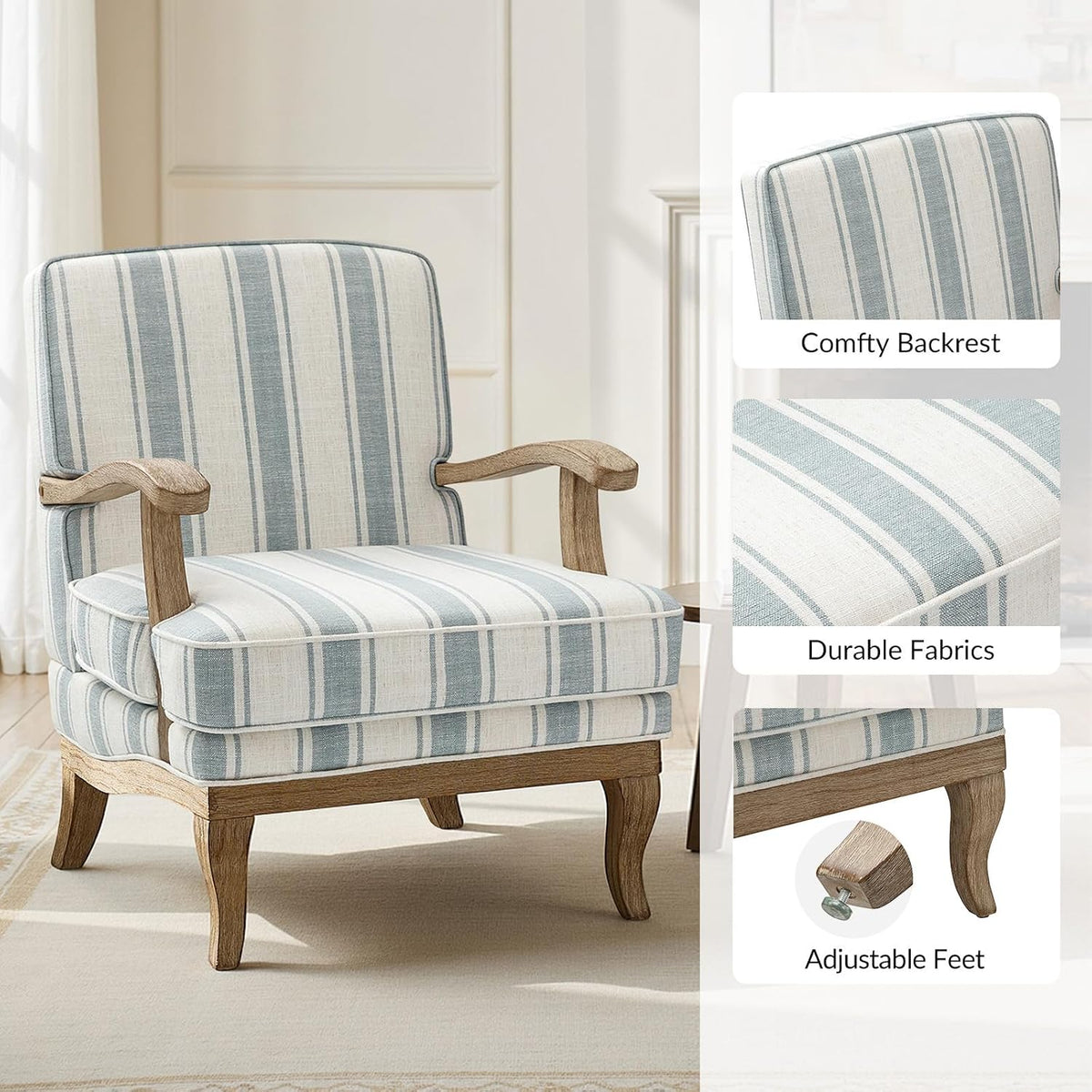 HULALA HOME Farmhouse Striped Accent Chair with Solid Wood Legs, Blue | Comfy Upholstered Patterned Armchair with Curved Armrests, Removable Cushion, for Living Room Bedroom Reading
