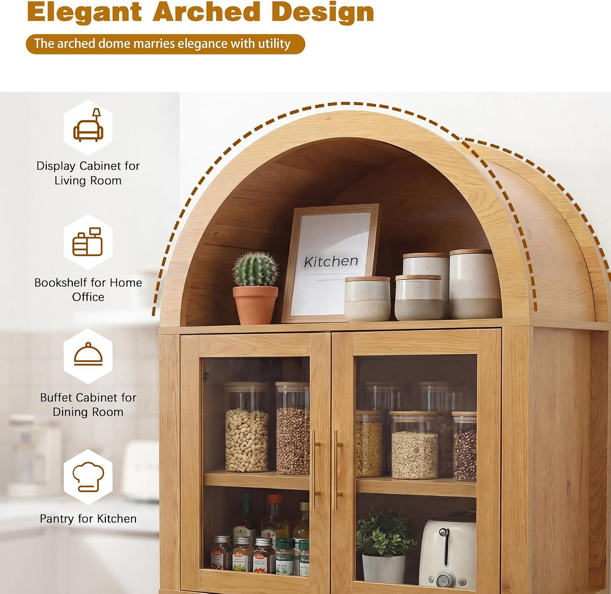 Polibi 71" Tall Arched Kitchen Pantry Cabinet with Glass Doors,Farmhouse Storage Cabinet with Adjustable Shelves & Barn Door Design,Large Freestanding Cupboard for Kitchen, Living, Dining Room,Oak