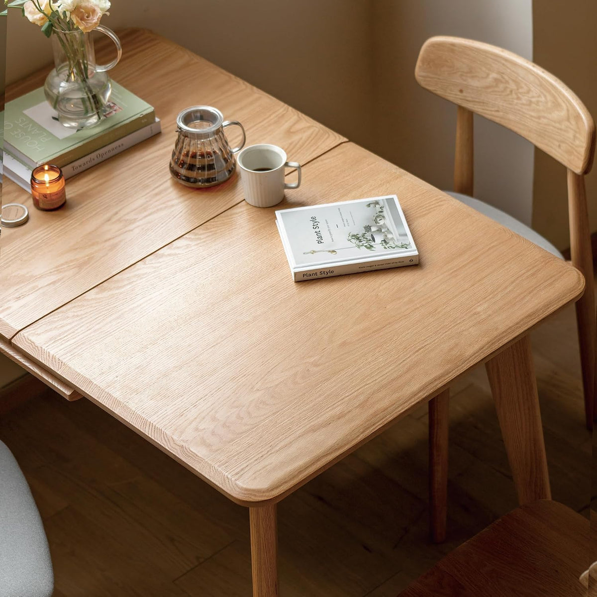 47.2''–59'' Extendable Solid Oak Dining Table, Farmhouse Kitchen Table for 6–8 People, Rounded Corners, Smooth Metal Slide Extension, Mid Century Kitchen & Dining (59.06" Light Oak)