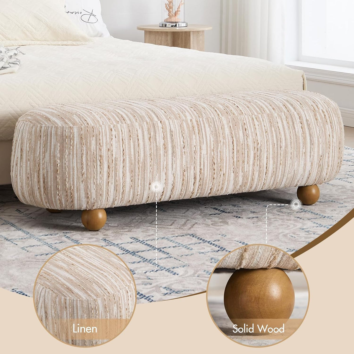 Hyfirm 54" Oatmeal Linen Upholstered Bench – Beige End of Bed Ottoman with Round Solid Wood Legs, Long Oval Footstool for Entryway & Hallway, Padded Seat (No Back)