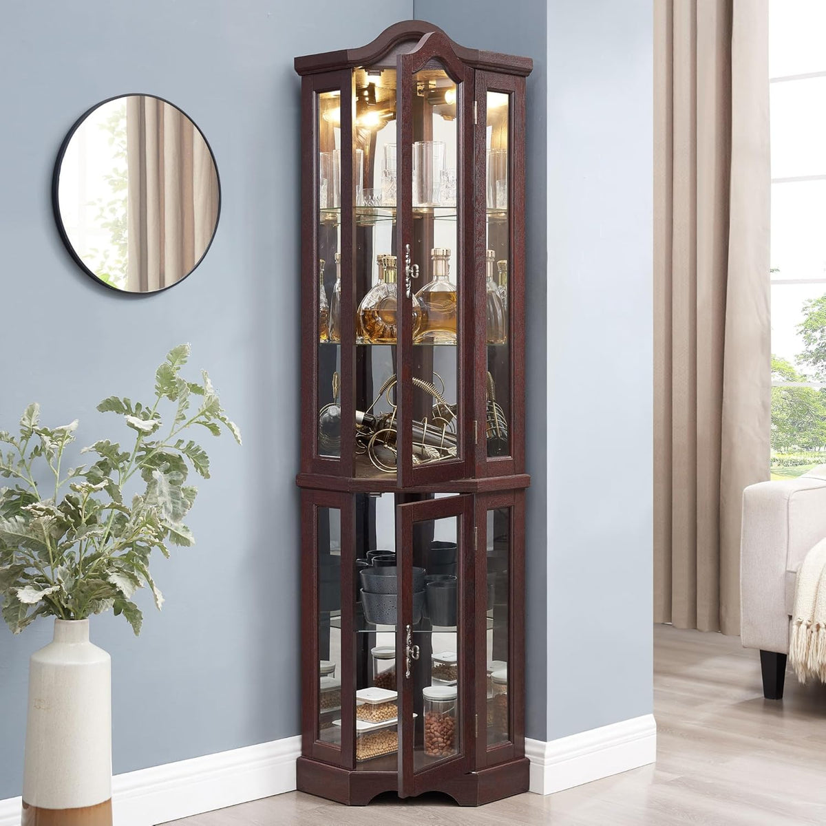 70" Lighted Corner Curio Cabinet,Inside Mirror Corner Glass Display Case with Tempered Glass Door for Living Room, Antique Collectibles, Wine & Bar Glass Storage, Lights Included