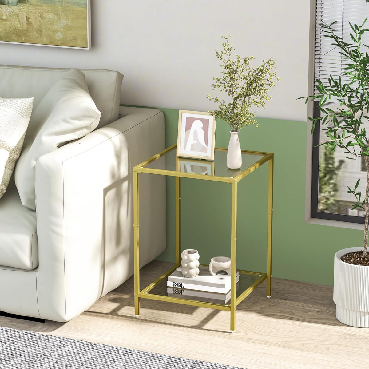 3-Piece Living Room Table Set, Glass Coffee Table with 2 Side Tables, Modern Rectangular Center Table & Square End Tables with Storage Shelves, Golden Metal Frame, Easy Assembly