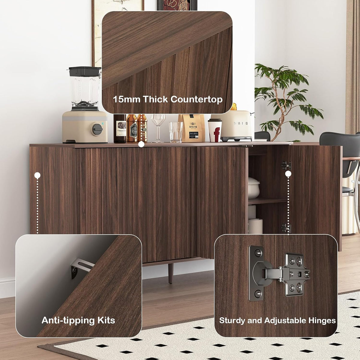 59" Buffet Cabinet with Storage, Modern Kitchen Buffet Sideboard with 4 Doors, Wood Coffee Bar with Adjustable Shelves, Kitchen Storage Cabinet with Adjustable Legs for Living Room (Walnut)