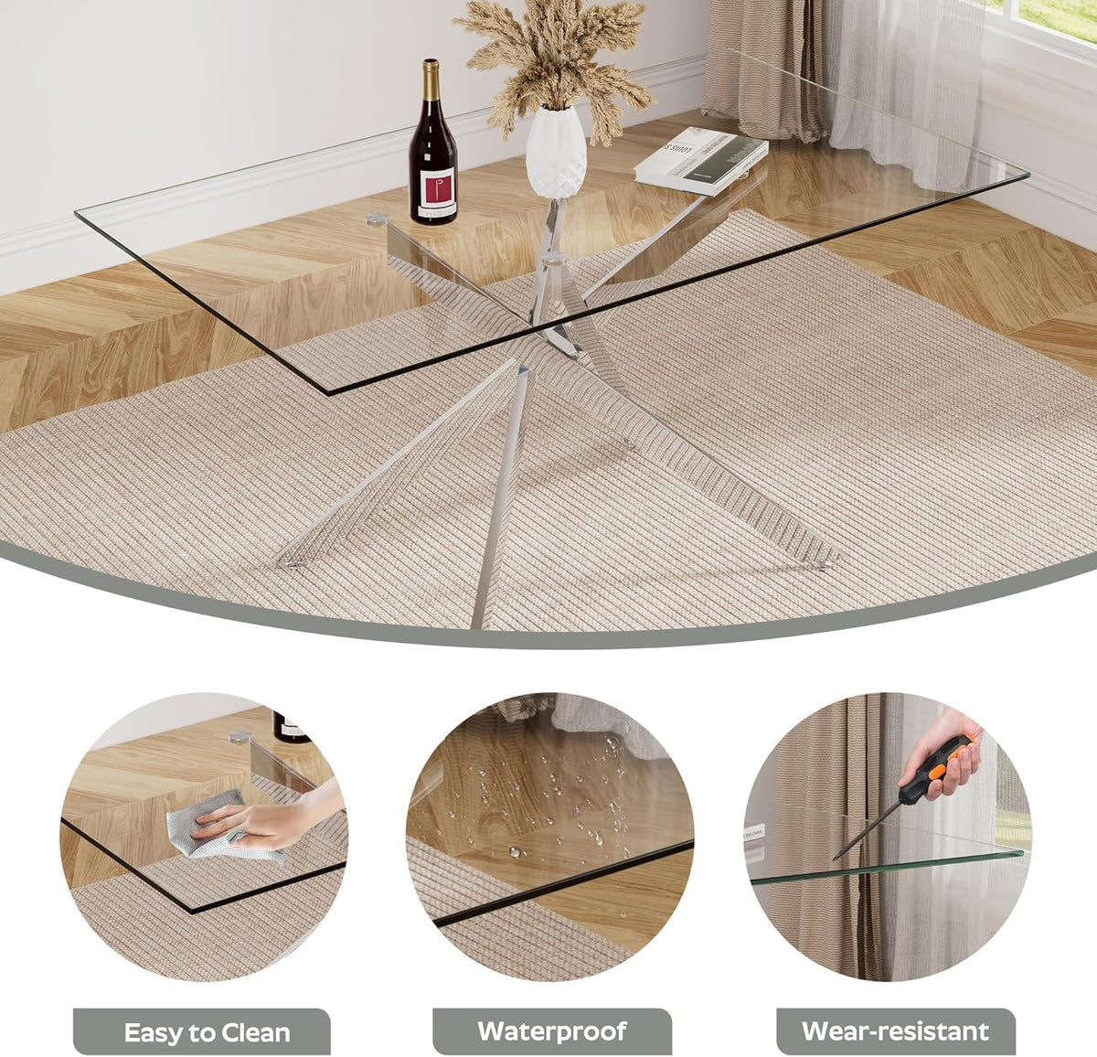 Modern Glass Dining Table Set for 4, 5-Piece Rectangular Kitchen Table Set with Silver Sturdy Metal Legs&4 Black Faux Leather Dining Chairs for Home Dining Room Kitchen