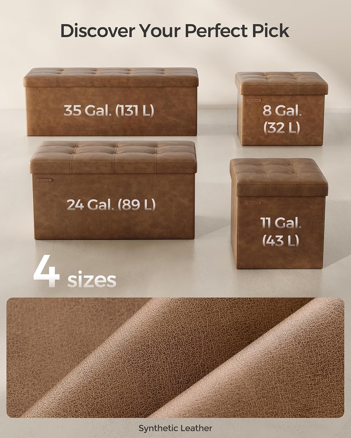 SONGMICS Storage Ottoman Bench, 43.3 Inches Folding Foot Rest Stool | PU Leather, Easy Assembly, for Living Room, Bedroom, Entryway, Coffee Brown, MINOTA Collection ULSF070K01