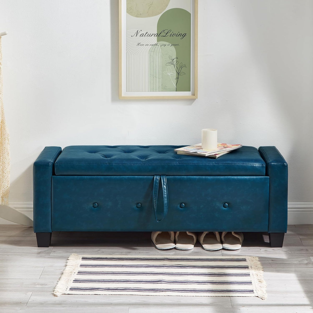 Storage Bench for Bedroom – Upholstered Tufted Ottoman Bench with Legs, 48" Faux Leather Ottoman with Storage with Safety Hinge, End of Bed Benchs for Bedroom Living Room Entryway