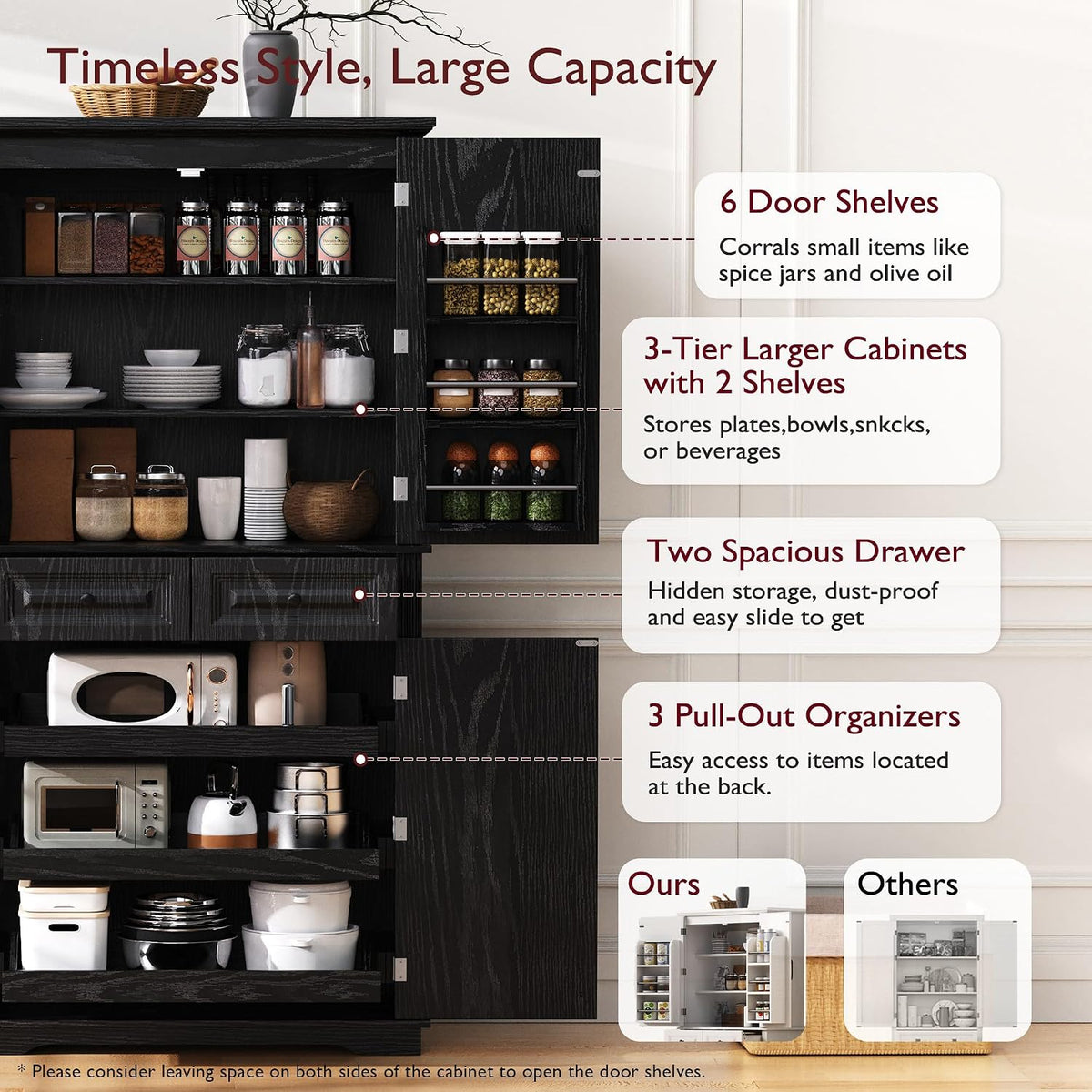 71" Tall Kitchen Pantry Cabinet, Freestanding Storage Cabinet with 3 Pull-Out Cabinet Organizers 6 Door Storage Shelves 2 Drawers, Farmhouse Embossed Texture Cupboard for Kitchen, Black
