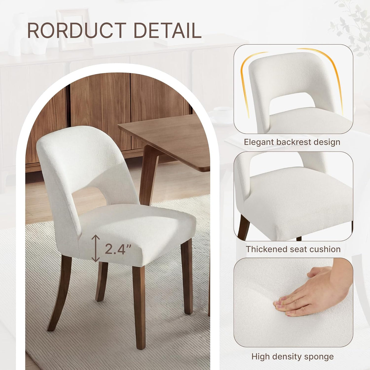 KISLOT Upholstered Dining Chairs Set of 4, Modern Armless Kitchen Chairs with Solid Wood Legs, Boucle Fabric, Sturdy Spring Structure, Comfortable Padded Dining Room Chairs, Cream