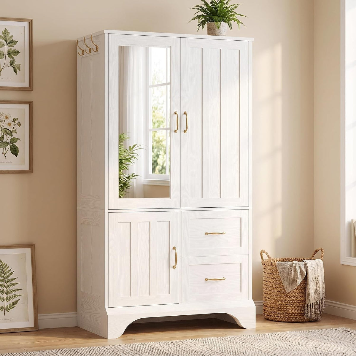 LIKIMIO Armoire Wardrobe with Mirror, 3-Door Hanging Rod & Drawers | 3-door armoire with mirror. Hanging rod, 2 drawers, 4 hooks. P2 MDF, anti-tip.