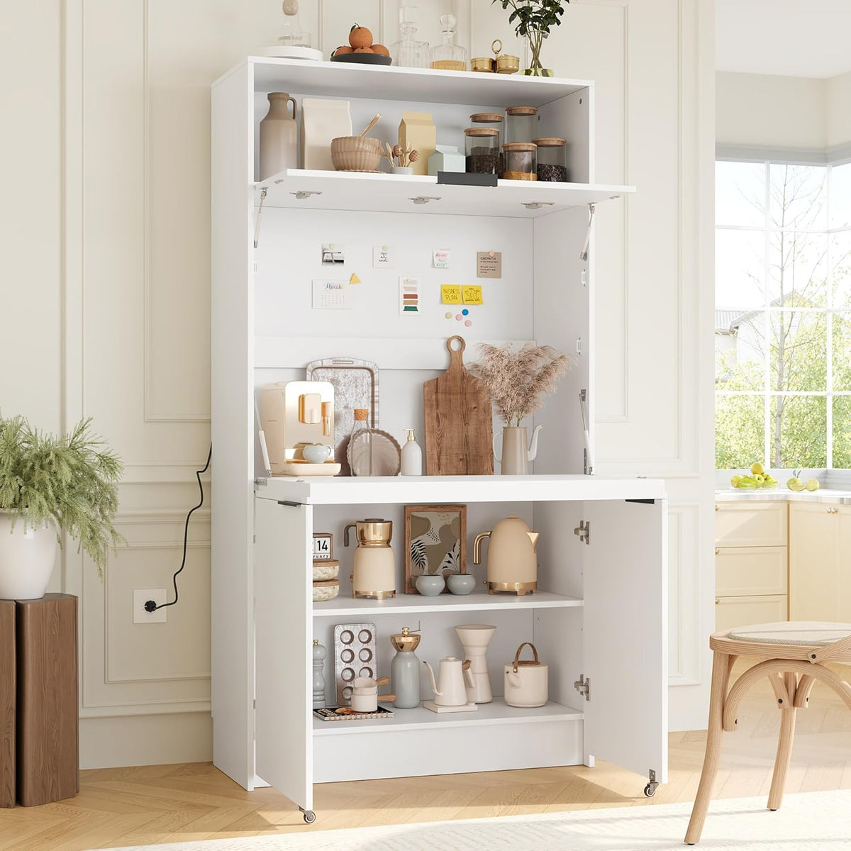 Pantry Cabinet with Hutch and Foldable Workstation, Multifunctional Wood Cupboard with Adjustable Shelf and Power Outlet for Dining, Living Room (White)