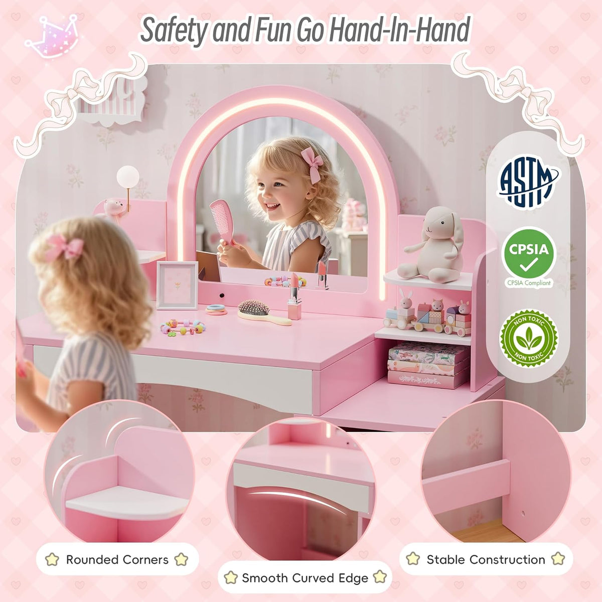 Kids Vanity with Lights, Kids Makeup Vanity with Bookshelf, Enclosed Cabinet and 3-tier Open Shelves, Little Girl Vanity Table Set with Lighted Mirror and Stools, Toddler Vanity for Girls (Pink)