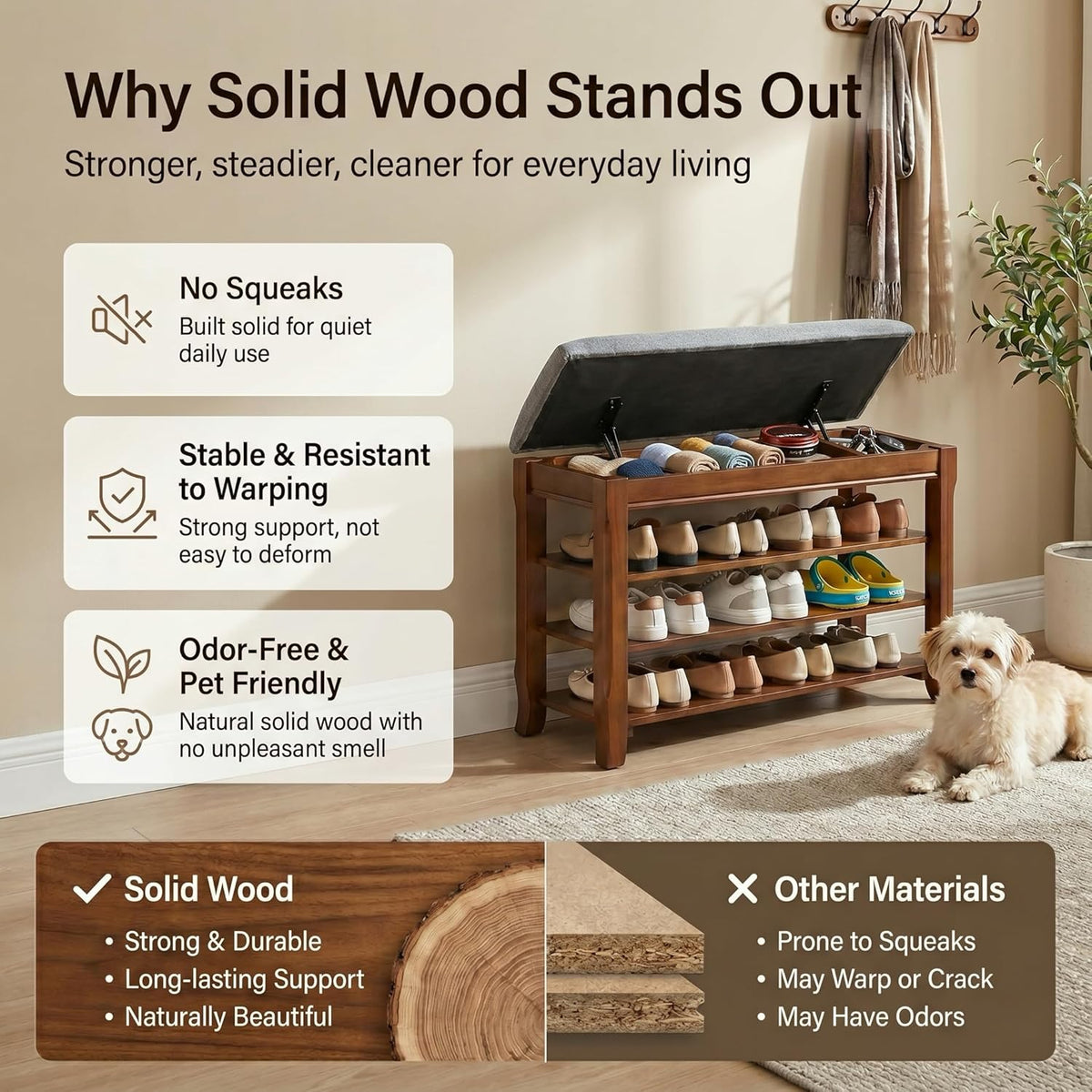 Solid Wood Shoe Bench with Storage, Flip-Top Soft-Close Lid, Adjustable Shelves, Cushioned Entryway Shoe Rack Organizer, 31.5”