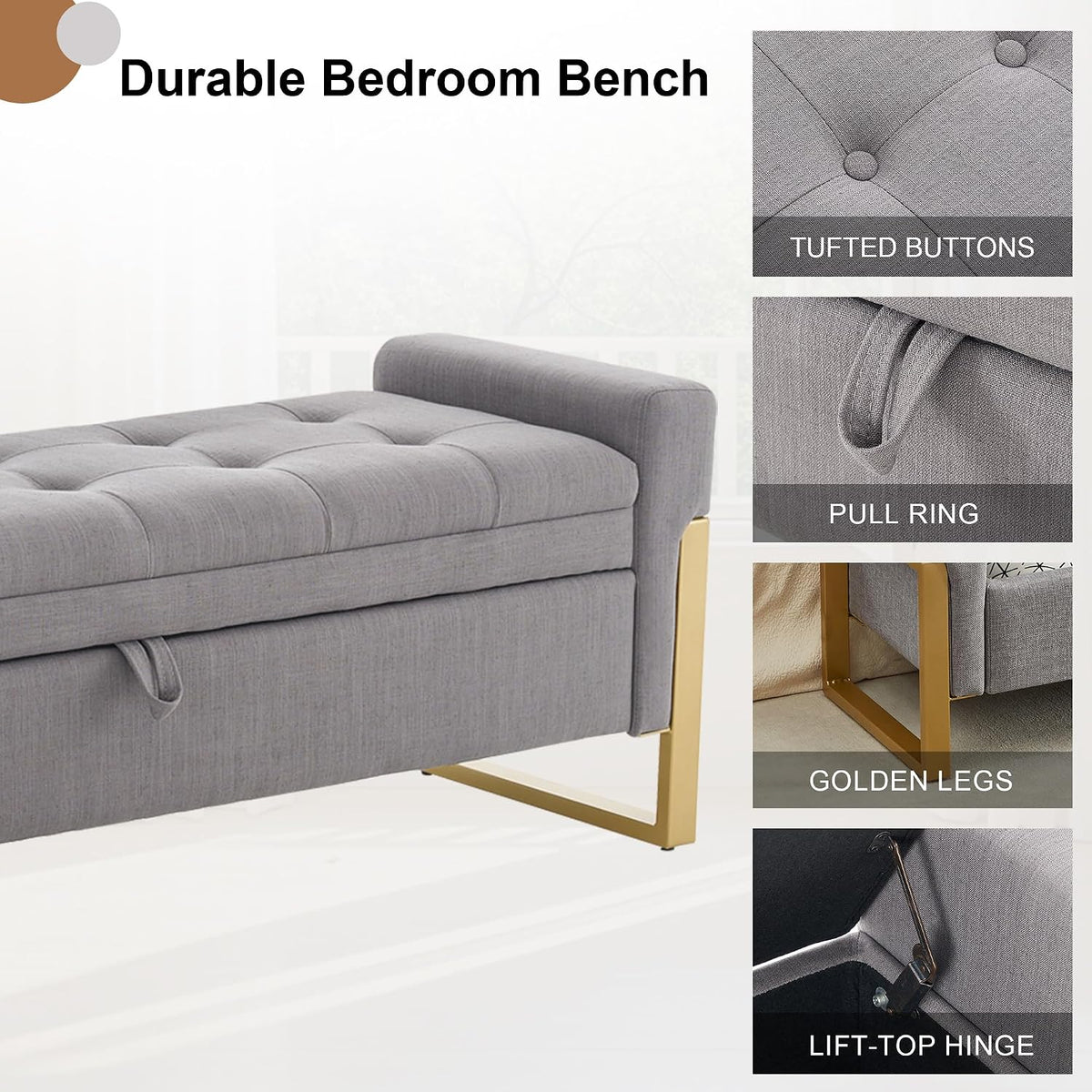57" Storage Ottoman Bench，Upholstered Linen End of Bed Bench Entryway Storage Bench for Living Room,Light Grey