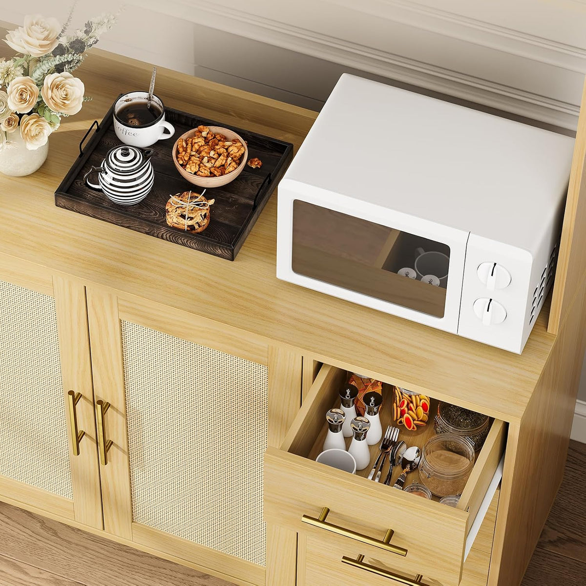 71" Tall Rattan Door Kitchen Pantry Cabinet, Freestanding Storage Hutch with 3 Drawers, 6 Hooks, Adjustable Shelves, Microwave Stand for Living Room, Kitchen