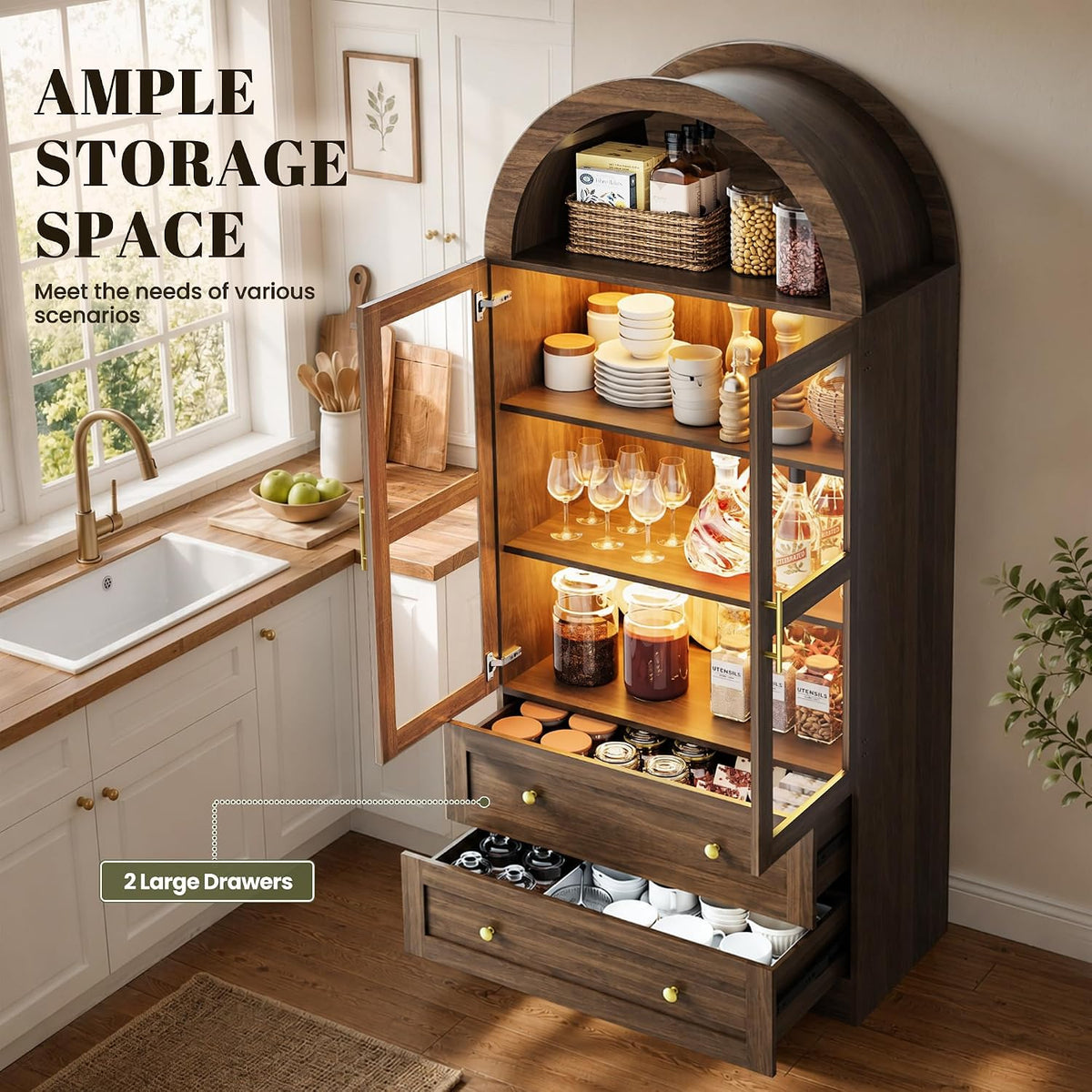 71" Tall Arched Kitchen Pantry Cabinet with LED Light, Modern Farmhouse Kitchen Storage Cabinet with 2 Large Drawers & Glass Doors, Versatile Cupboard for Living Room, Dining Room, Brown