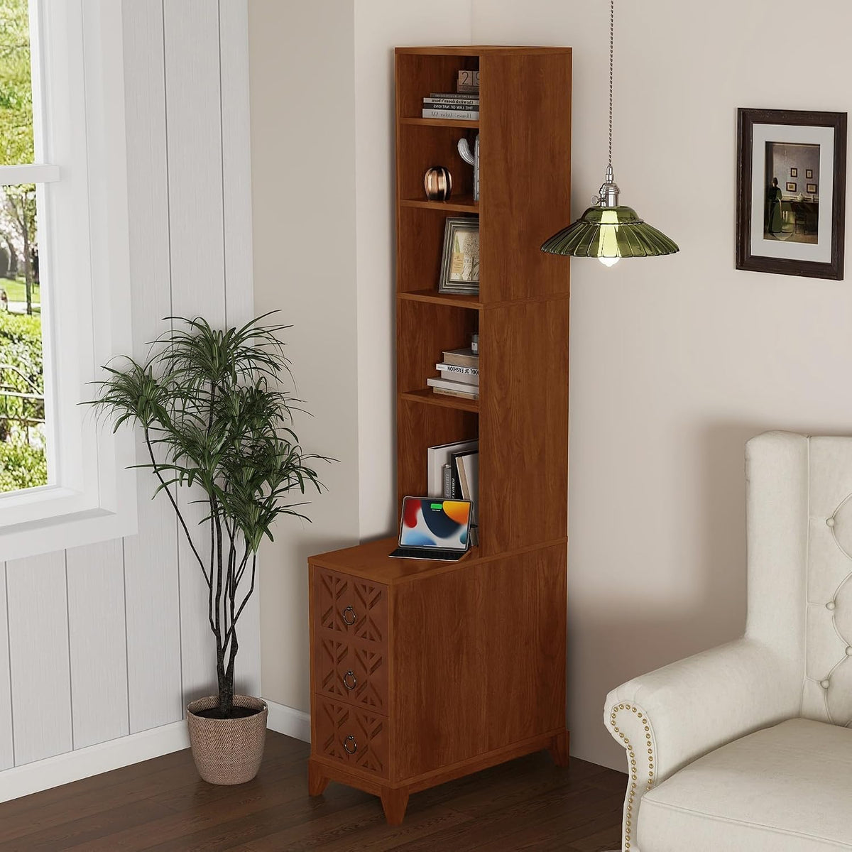 KEIKI End Table with 3 Drawers, Corner Table with 4 Open Shelves, Tall Side Table for Living Room, Bedroom and Corner