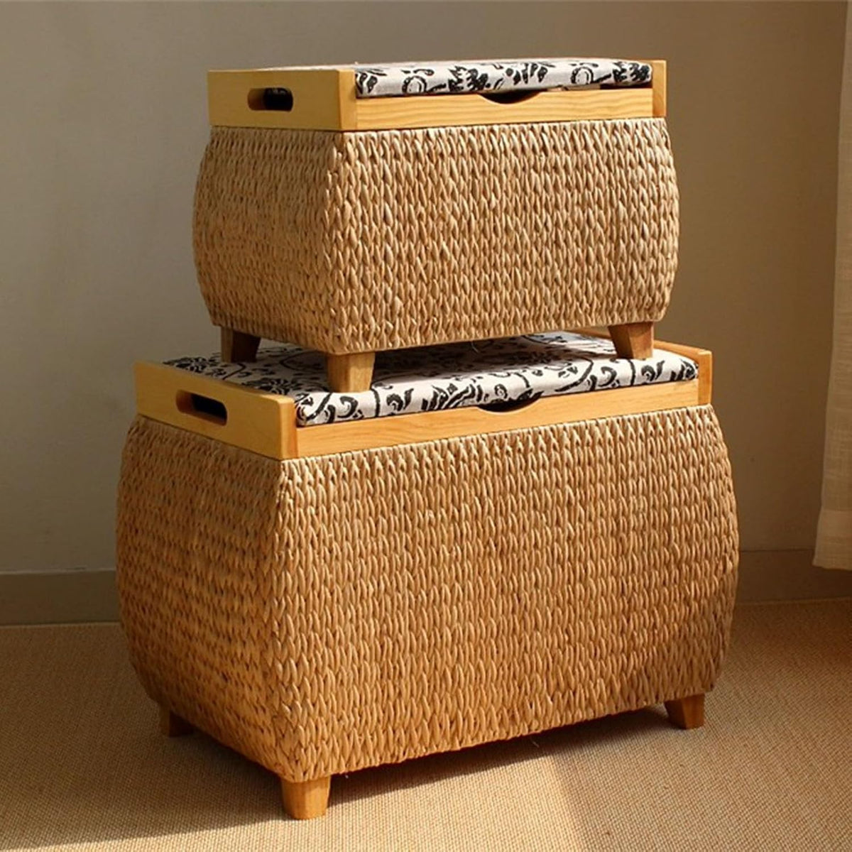 Ottoman with Storage Rattan Woven ，Bench with Padded Seat End of The Bed Entry Bench Footrest Stool for Hallway Living Room(Primary color1,40cm/15.7in)