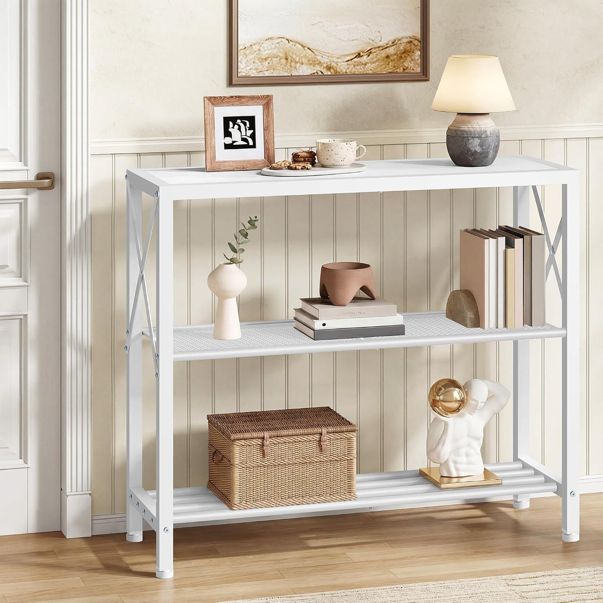 Hoctieon Industrial Console Table, 3 Tier Entryway Table, Metal Frame, Sofa Table with Shelf, Hallway Table, Entrance Table for Entryway, Living Room, Foyer, Hallway, White