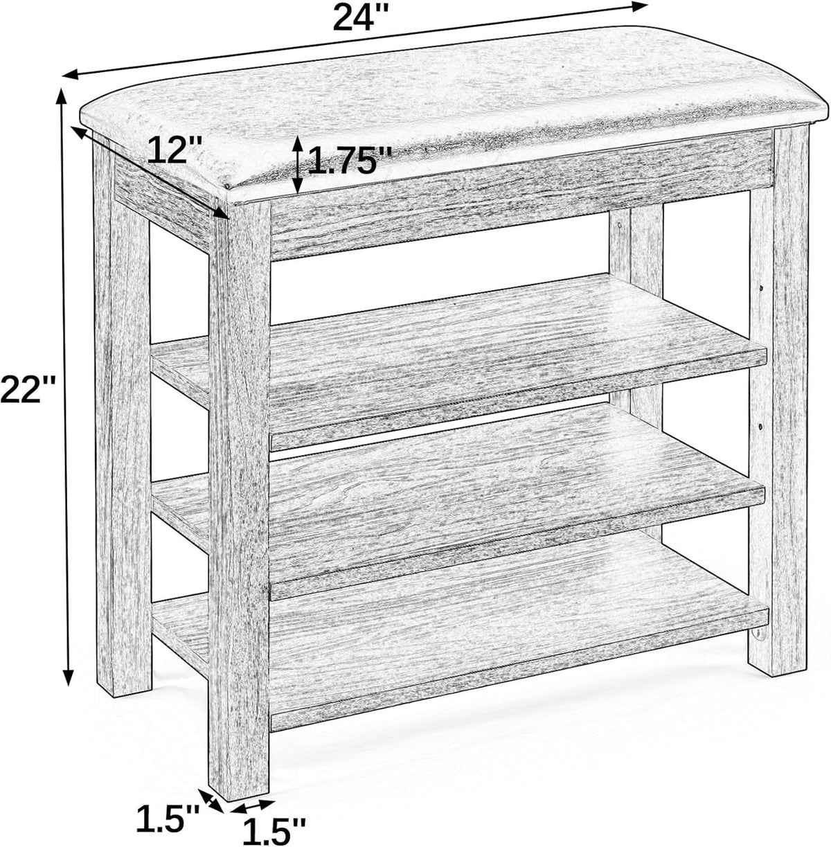 24" Short Entryway Shoe Storage Bench with Cushion, Height Adjustable 3-Tier Rubberwood Shoe Rack with Hidden Compartment, Brown Wood Shoe Organizer for Small Spaces