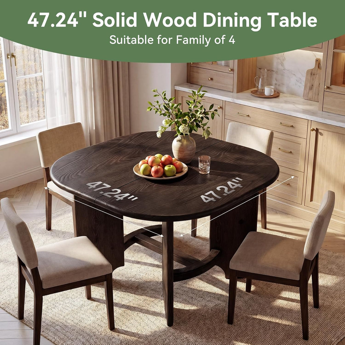 Solid Wood Square Dining Table for 4, 47.24-Inch Farmhouse Kitchen Dinner Table, Sturdy Rustic Dining Room Furniture, Table Only, Walnut