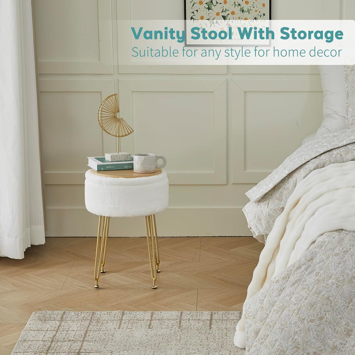 BRIAN & DANY Vanity Stool, Faux Fur Vanity Stool Chair with Storage, Round Makeup Chair Soft Padded Seat with Legs for Bedroom (White)