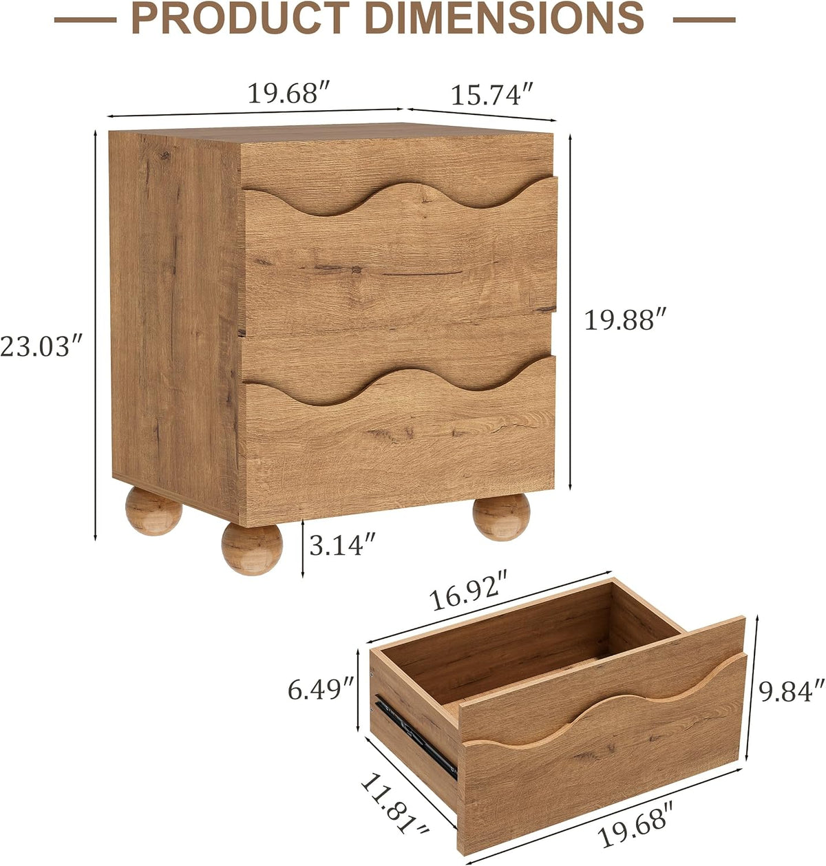 Scalloped Nightstand Set of Two for Bedroom with 2 Drawers, Modern Night Stand Set of 2 with Hidden Handle, Wooden End Table, Fluted Wood Bedside Table for Living Room, Natural Oak