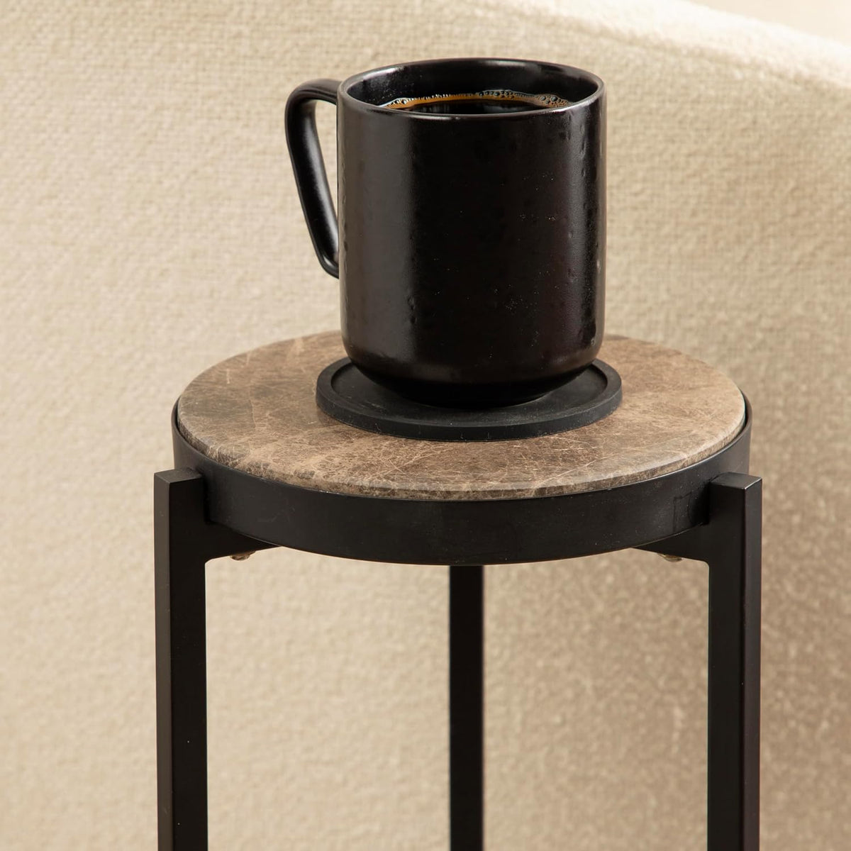 Kate and Laurel Aguilar Modern Round Drink Table, 9 x 9 x 23, Emperador Brown Marble and Black, Genuine Marble Accent Table for Use as Indoor Plant Stand or Pedestal Martini Table