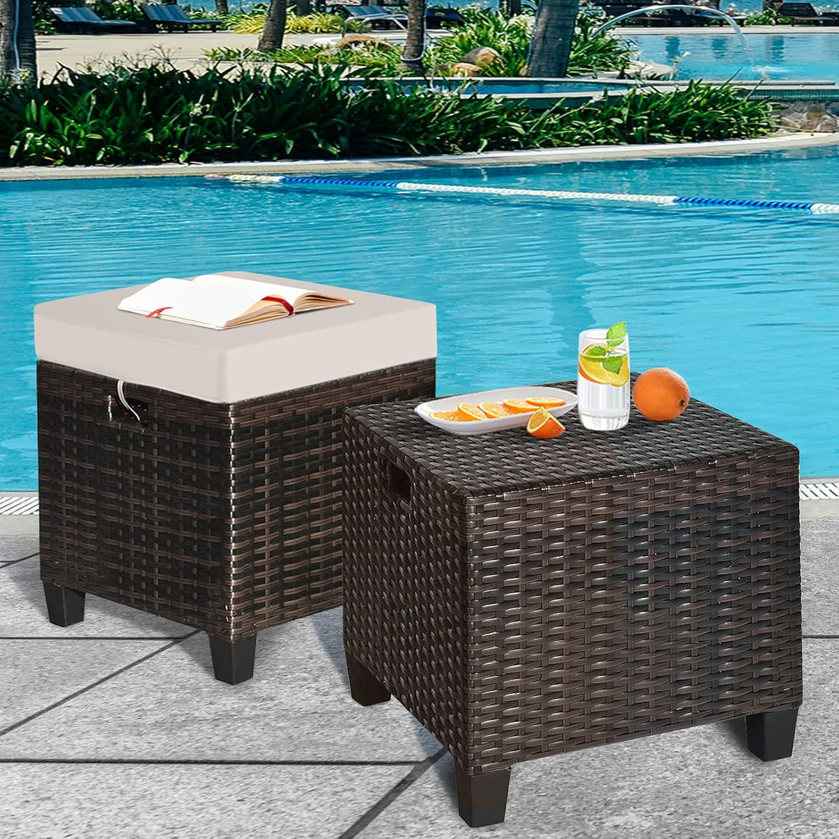ORALNER Set of 2 Outdoor Ottoman, 16" Wicker Footstools, All-Weather Rattan Cube Foot Stool w/Removable Cushions, Square Footrest Extra Seating for Patio, Porch, Deck, Easy Assembly (Light Brown)