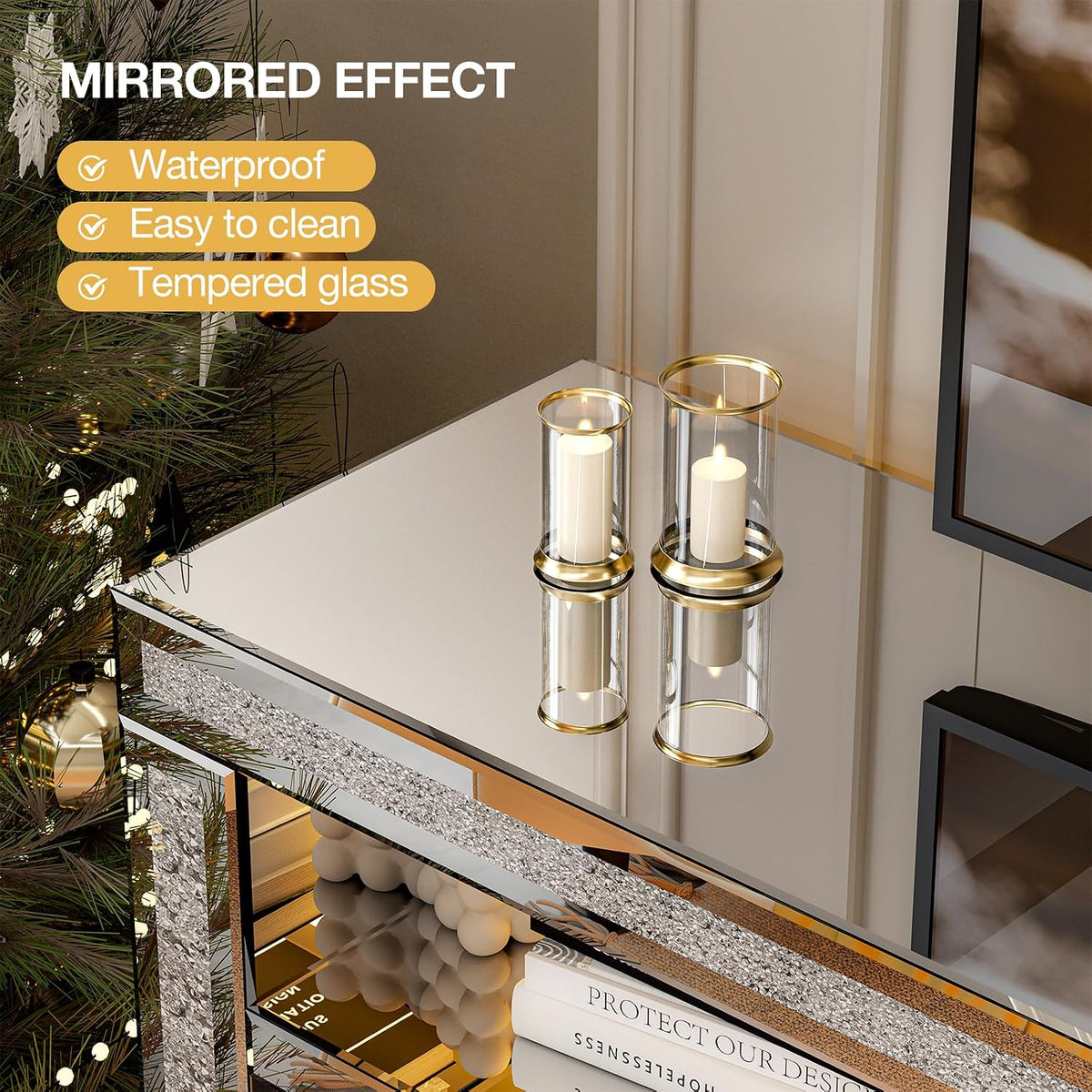 IKIFLY Mirrored Fireplace TV Stand for 65+ inch TV, Silver TV Console Table with Crushed Diamond and LED, Modern Media Entertainment Center for Living Room Remote Control