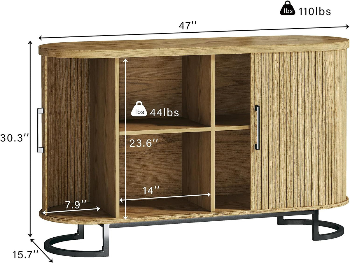 HUAHUU Sideboard Buffet Cabinet with Storage, 47.2" Fluted Storage Cabinet with Sliding Door & Adjustable Shelf, Modern Accent Coffee Bar Console Cabinet for Living Room Kitchen, Natural Oak
