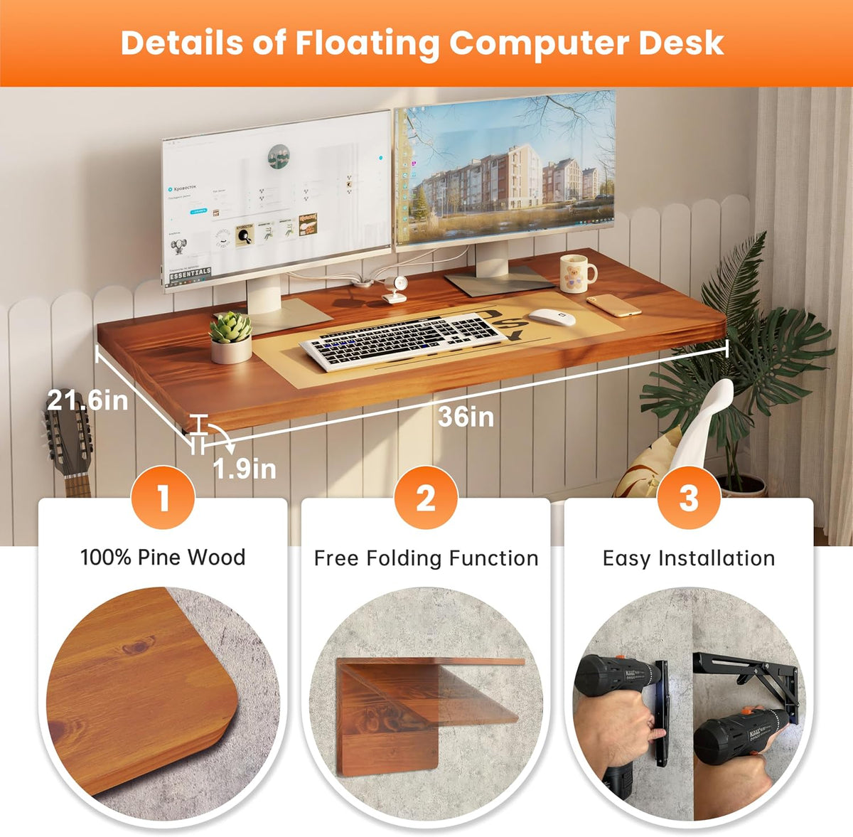 IAE Floating Wall Mounted Folding Table Desk with Pine Wood,36" x 22" Folding Workbench,Fold Down wall Mounted Foldable Table with Shelf Brackets,Laundry Folding Table for Apartment,Home,Kitchen,Teak