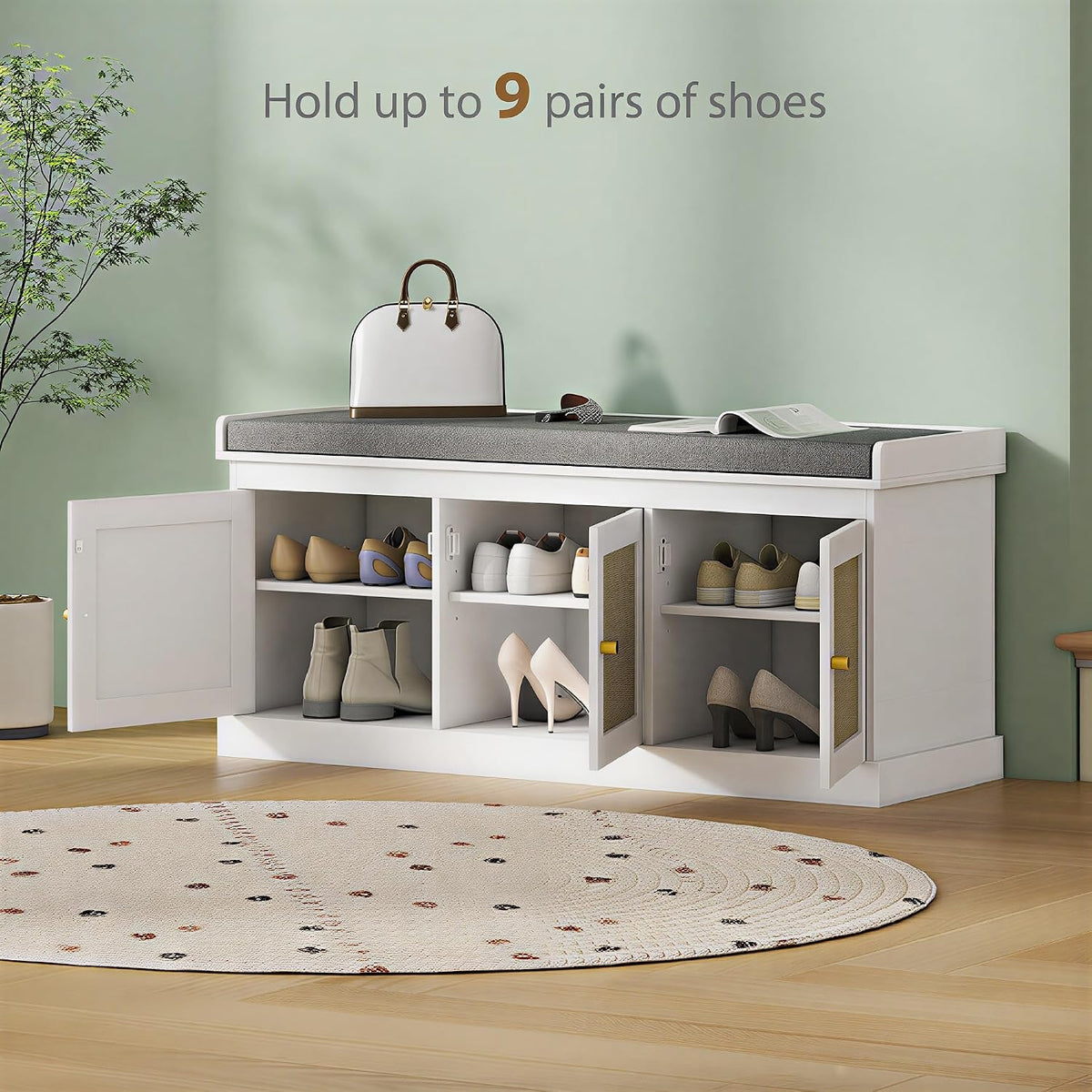 HOMCOM Shoe Bench with Woven Rattan Doors, Shoe Storage Bench with Cushion, Adjustable Shelves for 9 Pairs, Boho Style Entryway Bench for Bedroom, Living Room, 13.8 x 41.3 x 18.5 Inches, White