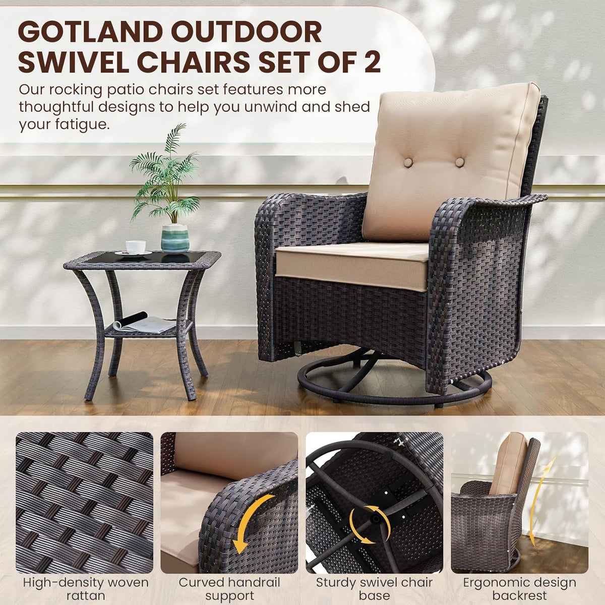 Gotland Outdoor Swivel Chairs Set of 2, 3 Pieces Patio Furniture Set with Thick Cushion, Wicker Rocking Patio Chairs Set of 2, Patio Bistro Set with Double-Layer Coffee Table for Balcony Porch Khaki