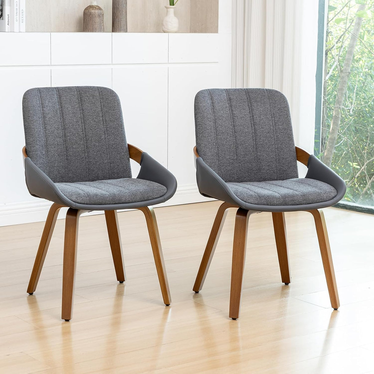 Dining Room Chairs Set of 2, Mid Century Modern Gray Fabric+Faux Leather Kitchen Chairs No Arms,Bamboo Legs Side Chairs No Wheels,Accent Chair for Dining Rooms