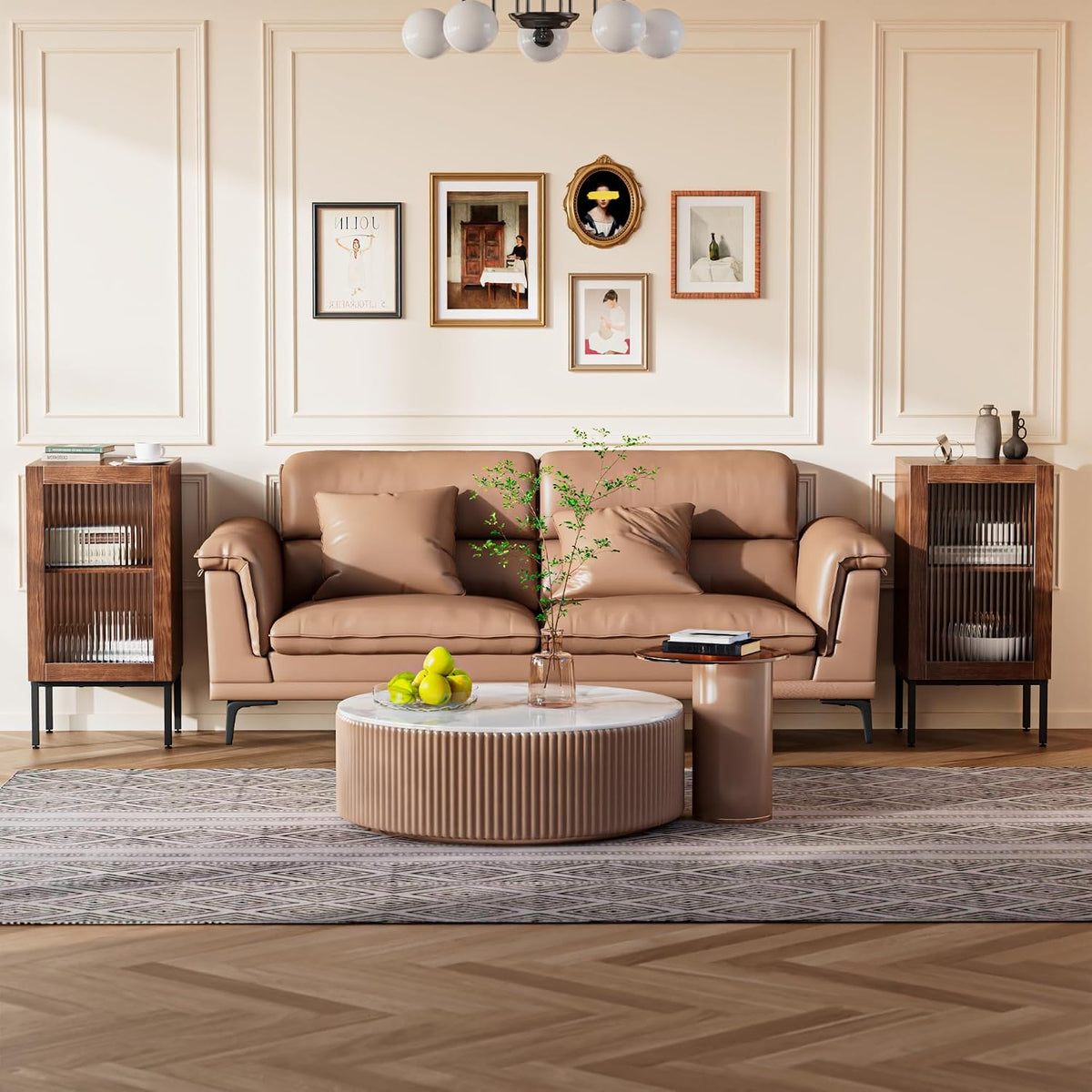 BVIUNTWO Set of 2 End Table, Farmhouse Sofa Table with Glass Door, Side Tables for Living Room, Bedroom, Brown