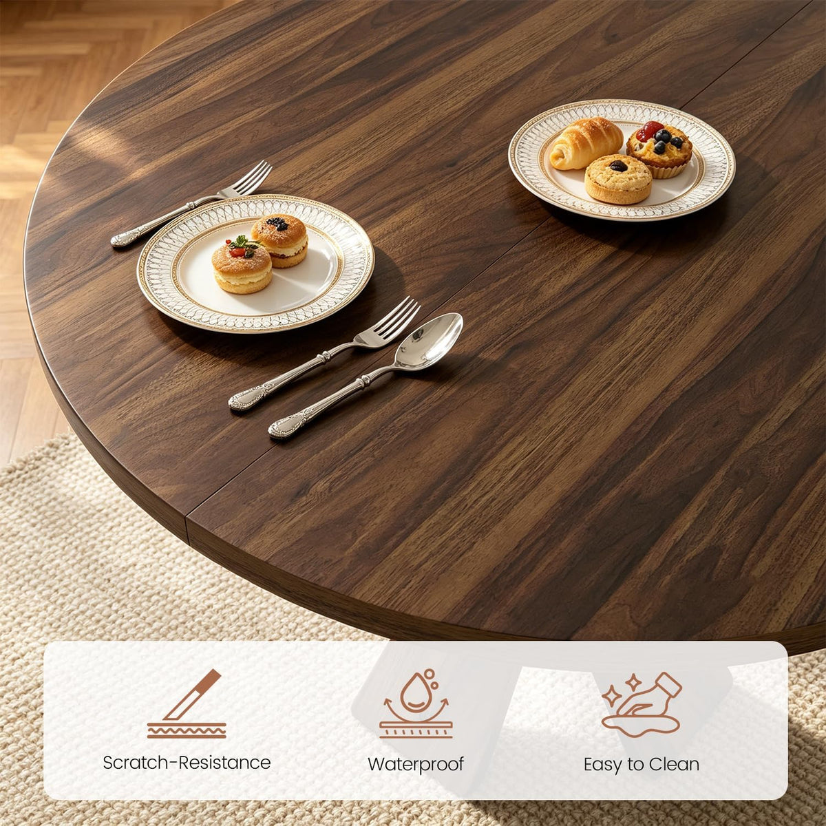 43.3" Round Dining Table Set for 4, 5 Piece Farmhouse Kitchen Table Set with 4 PU Chairs, Mid Century Modern Dining Table with Curved Solid Wood Frame for Dining Room, (Walnut Table+4 Beige Chairs)