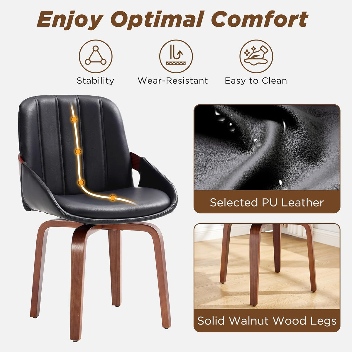 Swivel Black Dining Chairs Set of 4, Mid Century Modern Faux Leather Dining Room Chairs with Arms, Upholstered Kitchen Vanity Accent Chair, Walnut Backrest Support & Sturdy Wood Legs