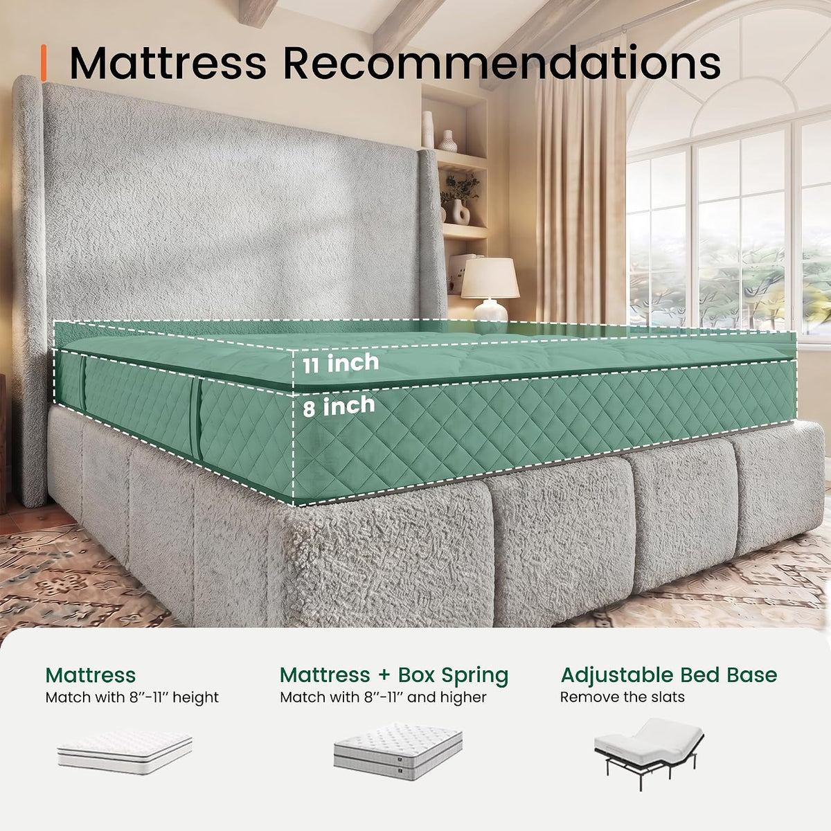 LARMACE King Size Bed Frame 54.2" Extra Tall Wingback Headboard, Lambswool Upholstered Platform Bed with Legs Featuring Built-in Charging Ports, Wood Slats, No Box Spring Needed,Light Grey