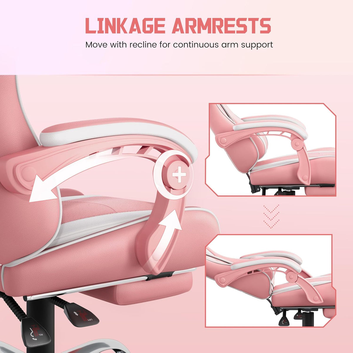 Yaheetech Gaming Chair with Footrest Massage Lumbar Pillow Pink and White | Foam-padded PU leather racing seat and plush headrest recline with a slide-out footrest; metal frame supports up to 300 lb.