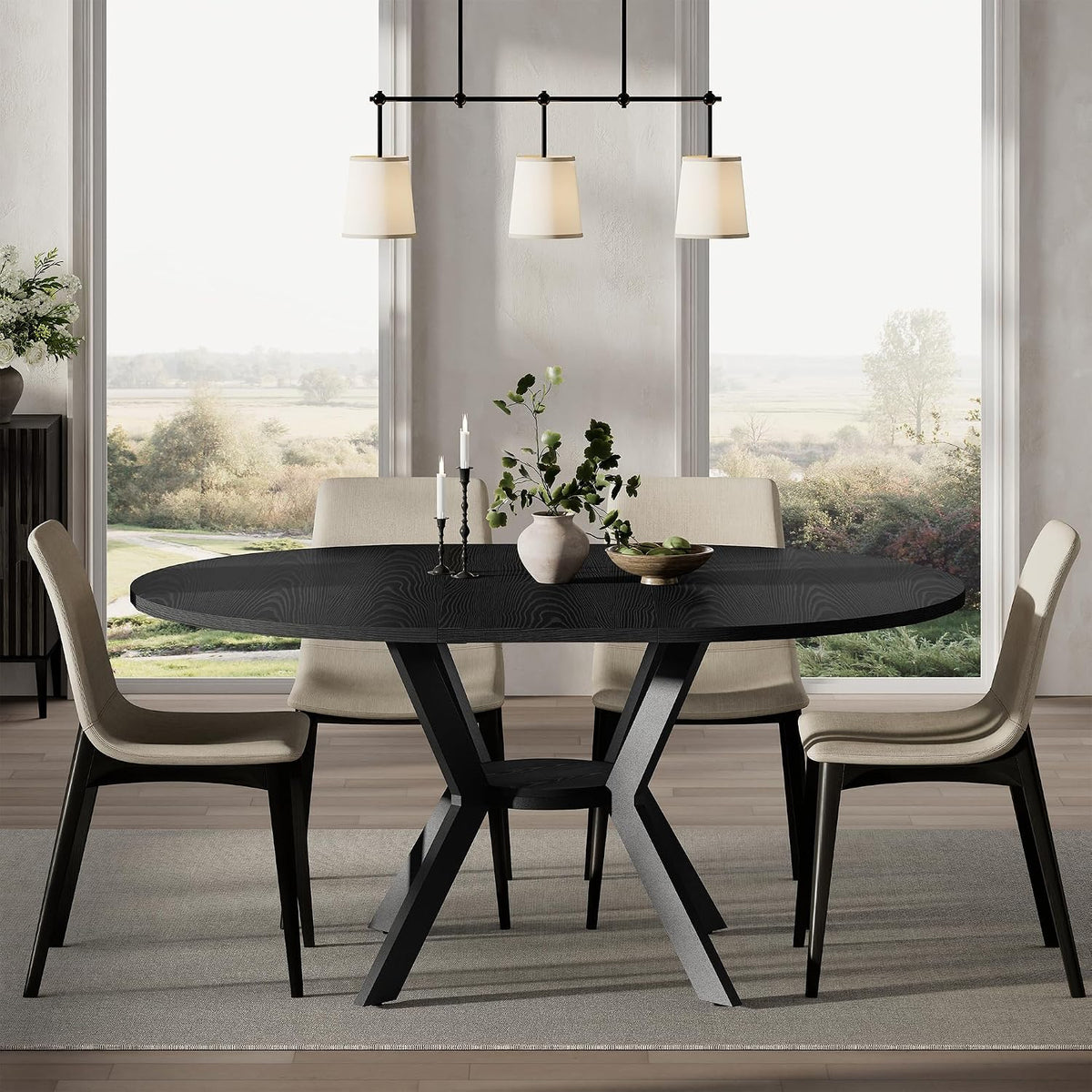42"-58" Extendable Round Dining Table with Built-in Flip Leaf, Modern Oval Kitchen Table for 4-6, Space-Saving Small Room Furniture with Storage Shelf and X-Shaped Metal Base for Kitchen, Dining Room