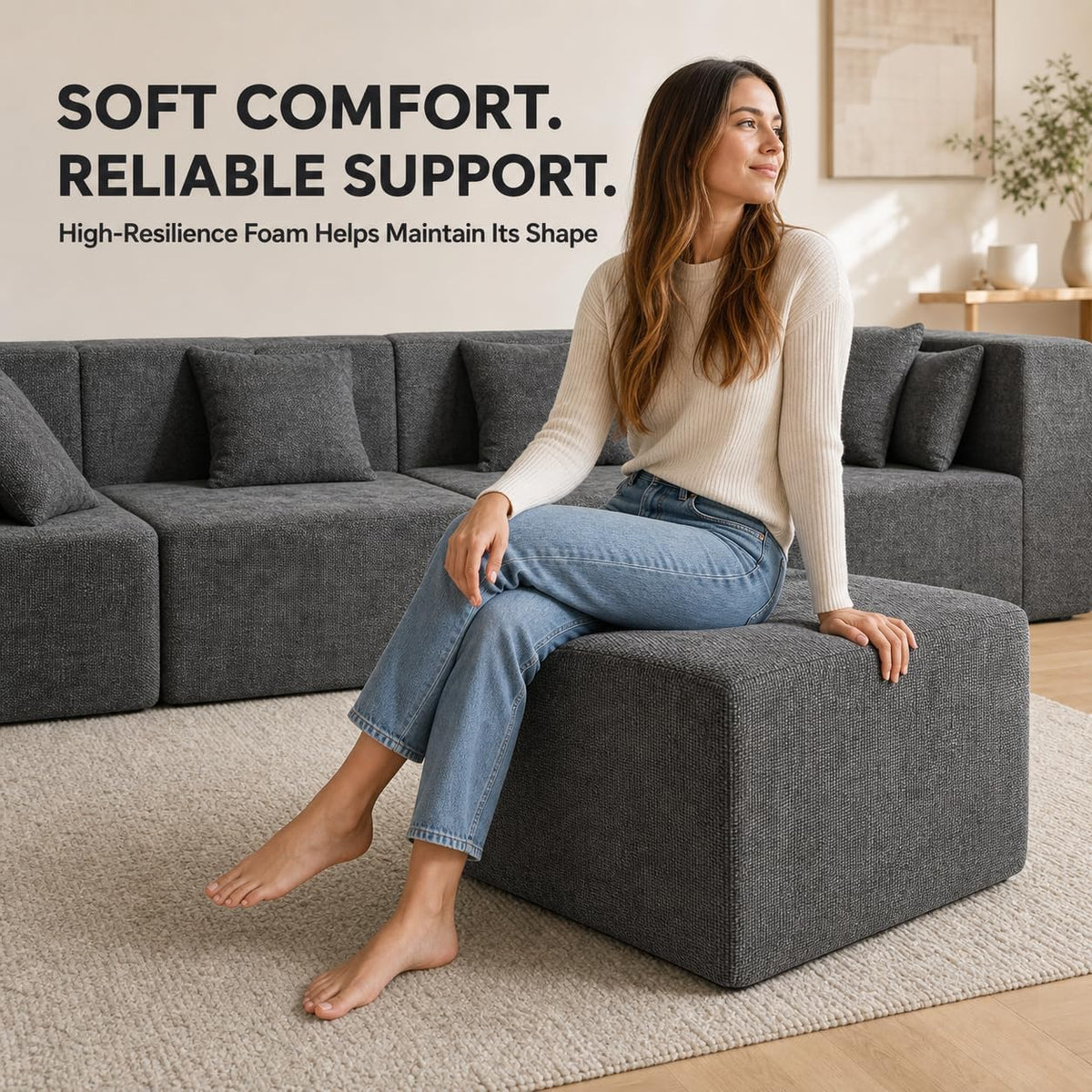 MONVANE 27.5" Square Ottoman, Modular Foot Rest, Grey | Matches Modular Sectional Cloud Couch, Footstool for Living Room, No Assembly Required, High-density Resilient Foam