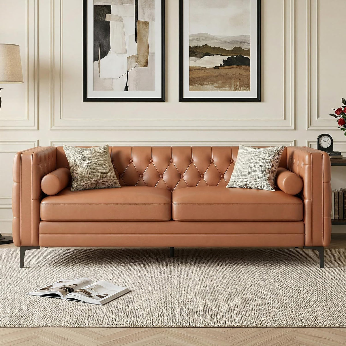 Luxanimarion Faux Leather Couch for Living Room, Mid-Century Modern Sofa with Button Tufting, Metal Legs and 2 Bolster Pillows, Comfortable Deep Seat for Apartment, Office, Caramel 1 PCS