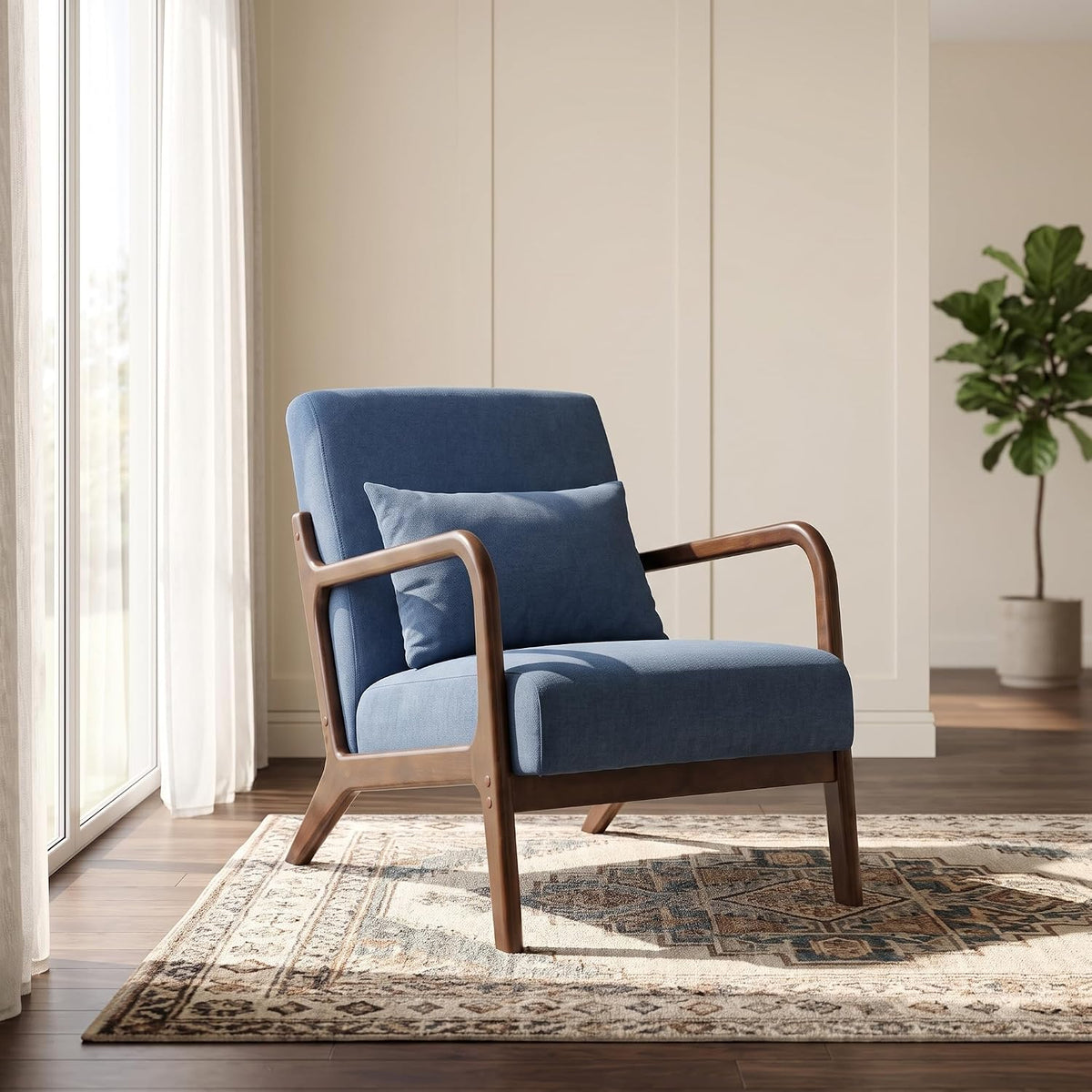 Komene Mid Century Modern Accent Chair Sitting Chair with Solid Wood Frame, Upholstered Living Room Lounge Armchair with Waist Cushion, Comfy Reading Chair for Bedroom Sunroom Office,Blue