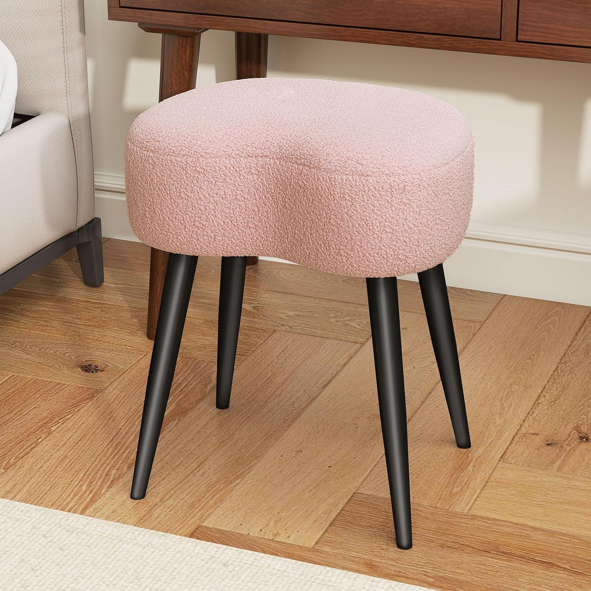 Teddy Velvet Vanity Stool, Upholstered Makeup Chair with Sturdy Metal Legs, Soft Padded Ottoman Footrest, Modern Accent Stool for Bedroom, Living Room, Entryway (Pink, 17.7in H)