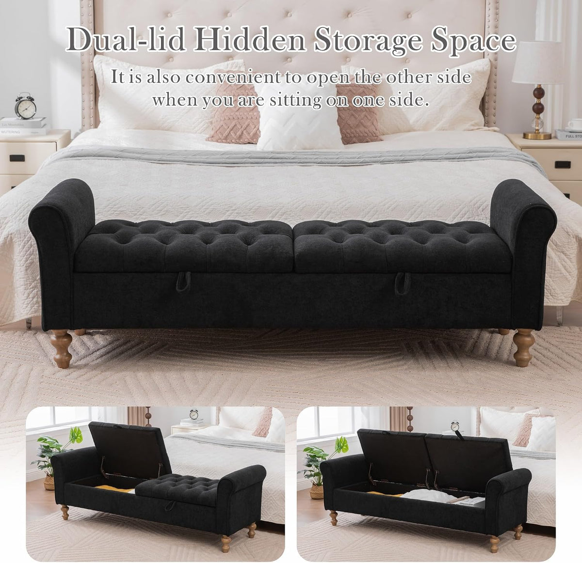 Aoiy & Wifon 65.75" W Large Storage Ottoman Bench, Modern King Size End of Bed Storage Bench with Wood Legs, Upholstered Window Bench for Bedroom, Living Room, Entryway, Black